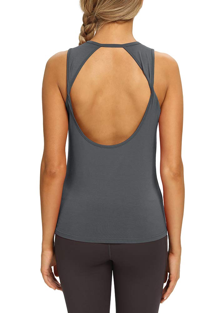 Mippo Open Back Workout Tops Yoga Athletic Shirts Tennis Muscle Tank Workout Tank Tops for Women Loose Fit Dark Gray M - Image 3
